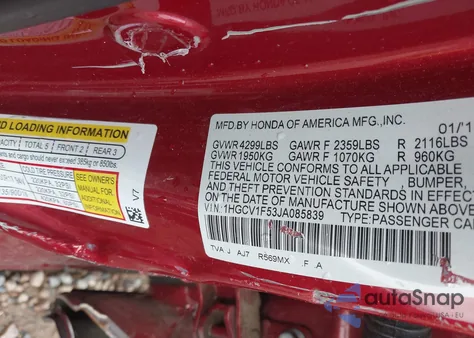 2018 Honda Accord Ex-L из США, поврежденный, VIN 1HGCV1F53JA085839